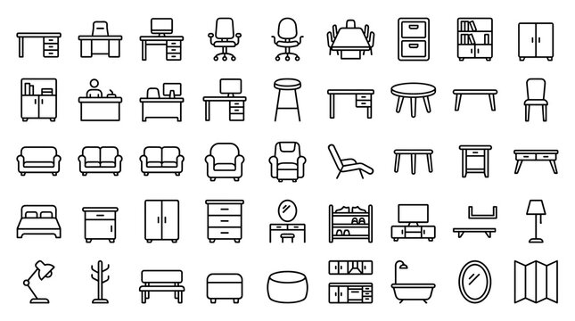 Modern Furniture and Interior Icons Collection with Office Home Bedroom Dining and Storage Elements in Minimal Thin Line Vector Style