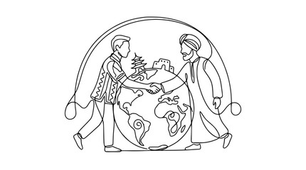 Obraz premium Global Partnership: Diverse Men Shaking Hands Over Earth, Cultural Exchange
