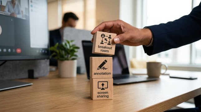 Two hands stacking breakout room and brainstorming cardboard boxes