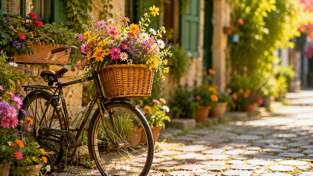 Vintage Bicycle Loaded with Colorful Spring Flowers