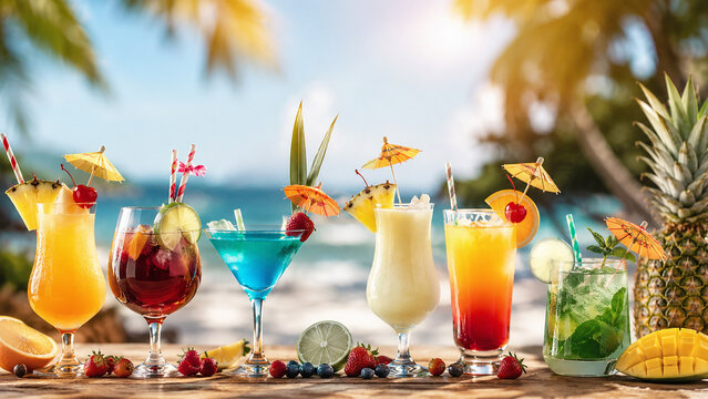 Tropical Summer Cocktails Lined Up on Beach Bar