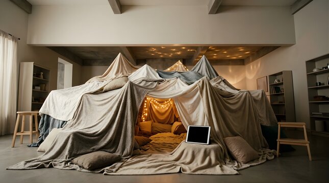 Cozy blanket fort with fairy lights and digital tablet in living room