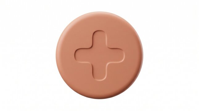 Brown round medical pill tablet icon with embossed plus sign symbol for pharmacy healthcare isolated on white background