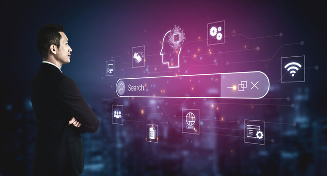 Artificial intelligence AI search concept enabling smarter discovery, recommendations to digital services and knowledge. Generative AI search engine algorithm provide user intent result. Corpus
