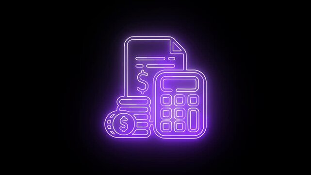 Neon purple invoice calculator coin icon animation on black background, glowing finance accounting symbol seamless loop for business UI