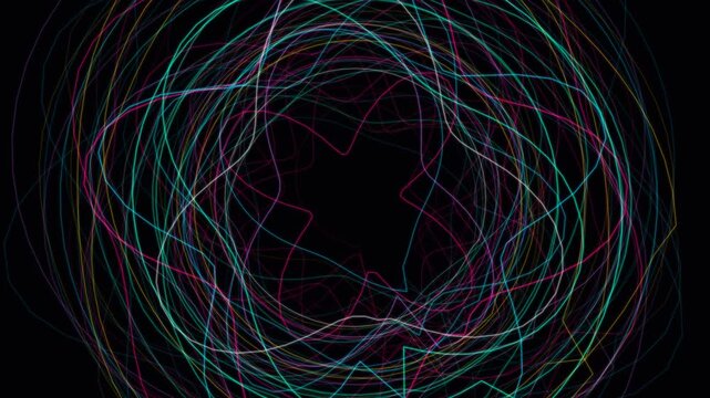 Vibrant abstract neon lines swirling in a circular motion on black background, suitable for motion graphics, vj screens and music visualizers