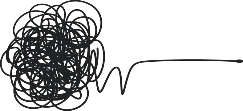 Stress doodle illustration with tangled scribble ball and long winding line symbolizing anxiety confusion pressure and overthinking