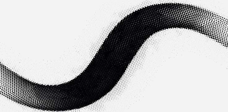 Monochrome halftone dotted illustration, abstract dynamic wave, ribbon pattern. Curved line with halftone effect, flud design. Vector minimalist background. Overlay template. Vector