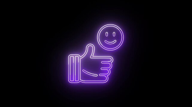 Neon purple thumbs up smile icon animation on black background, glowing like approval symbol seamless loop for social media UI