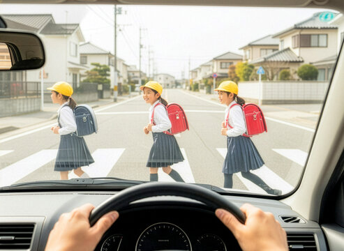 停車した車内から見た、横断歩道で運転手に笑顔で会釈をしながら安全に渡る下校中の小学生たち１