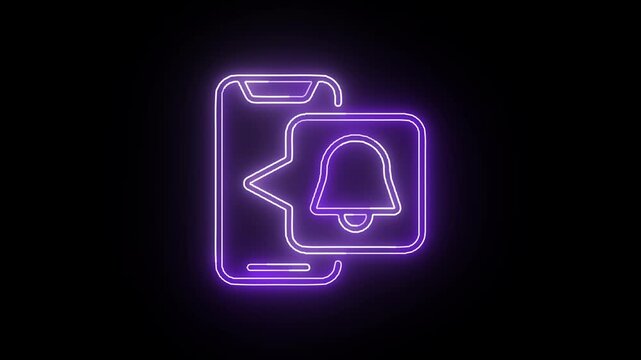 Neon purple smartphone notification bell icon animation on black background, glowing mobile alert symbol seamless loop for app UI and promos
