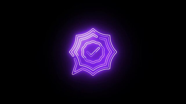 Neon purple certification seal icon animation on black background, glowing quality badge seamless loop for verified branding, UI and motion graphics