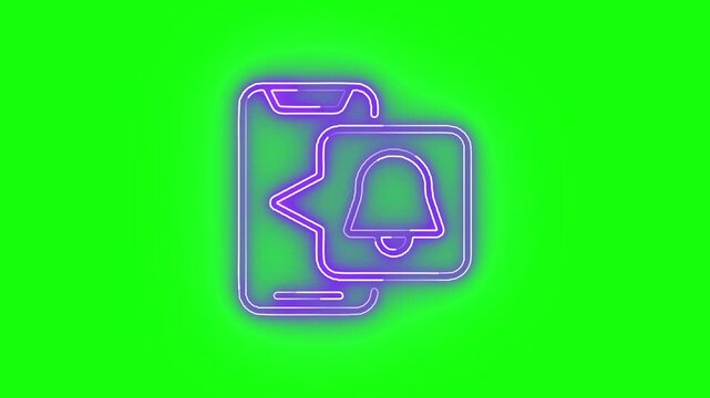  Neon purple smartphone notification icon animation on green screen, chroma key mobile alert bell symbol seamless loop for app UI and video editing