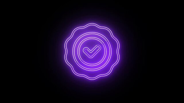 Neon purple quality seal checkmark icon animation on black background, glowing verified badge seamless loop for branding, UI and motion graphics