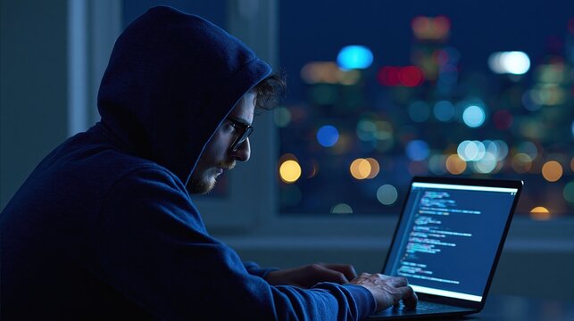 Hacker in a hoodie working on computer coding in a dark room for cybersecurity software development and data security