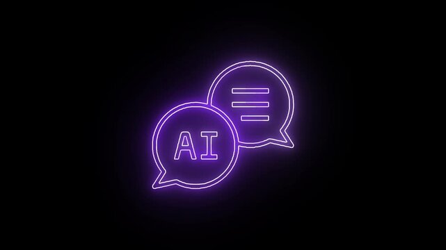 Neon purple AI chat bubbles icon animation on black background, glowing artificial intelligence symbol loop