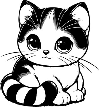 Charming monochrome illustration of a fluffy sitting kitten with large round eyes and beautifully detailed striped fur.