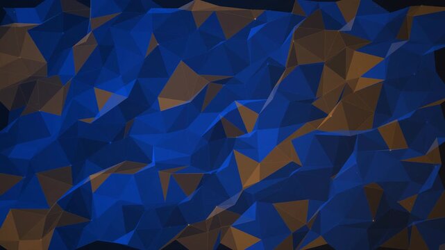 Abstract 3D geometric mesh with moving blue and brown triangular facets, ideal for digital background, tech presentations and motion graphics