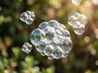 Obraz premium Cluster of glistening soap bubbles floating in the air with sunny green foliage background