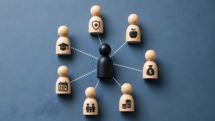 Obraz premium Human resources employee benefits strategy featuring wooden figures connected to health finance education and family welfare icons
