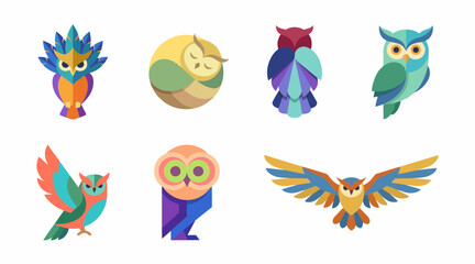 Obraz premium Vibrant colorful owl vector icons collection featuring diverse artistic styles with modern geometric patterns and shapes