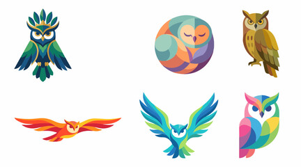 Obraz premium Stylized collection of colorful owl vector illustrations featuring diverse geometric shapes and vibrant artistic bird designs