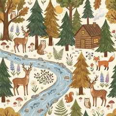 Naklejka premium Whimsical Woodland Forest Pattern with Deer, Foxes, Owls, Cabin, River and Nature Elements