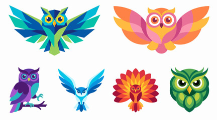 Fototapeta premium Vibrant geometric owl vector illustrations collection featuring colorful abstract bird designs for creative modern branding projects