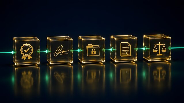 Legal technology smart contract workflow showing glowing golden glass cubes with digital signature and justice scale icons