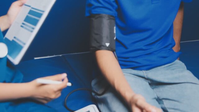 Female healthcare worker taking blood pressure on an adult male patient in a medical clinic, close-up with cropped faces