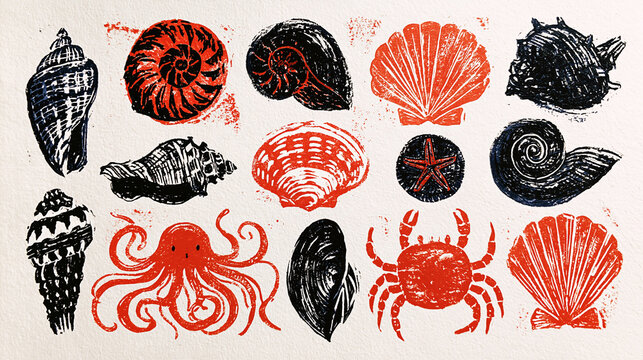 Oceanic Artwork Collection: A striking artistic compilation featuring various sea creatures and shells rendered in a bold, graphic style with a palette of red and black.