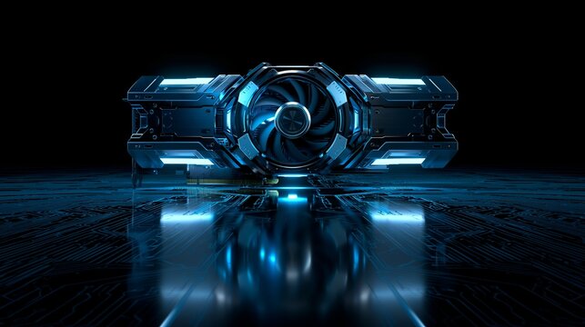 High end GPU graphics card accelerator with turbine fan and glowing cyan lights on motherboard for Workstation Rendering and Machine Learning