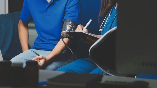 Female healthcare worker taking blood pressure on an adult male patient in a medical clinic, close-up with cropped faces