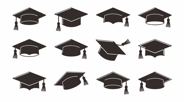 Graduation Cap Silhouette Doodle Set Isolated on White Background.