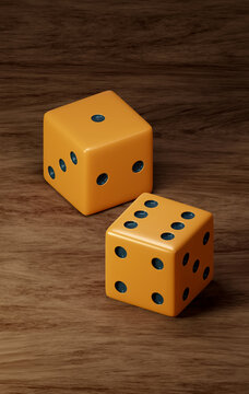 Two Dice placed on a wood table, Double Pumpkin Orange with Black dots display number 1,2,3, 4, 5, 6