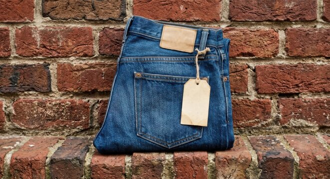 Classic Denim Jeans With Blank Tag Against Rustic Brick Wall Background