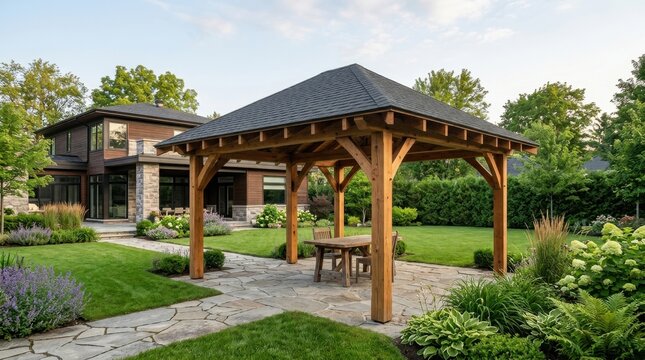 Large timber frame garden gazebo with dark shingle roof stands on stone patio surrounded by lush green lawn and modern house.