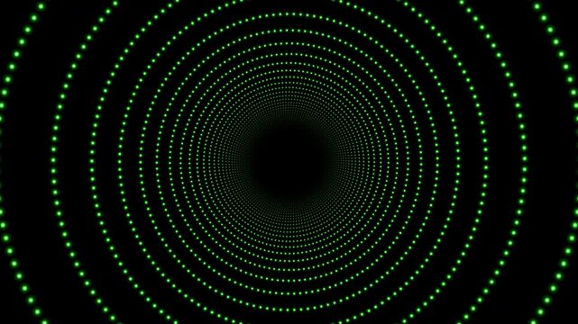 Abstract background of glowing green dotted circles forming a digital tunnel loop