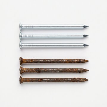 A comparison of new shiny metal nails and old rusty nails. 