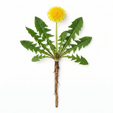 A single dandelion plant with its yellow flower and visible root system. 