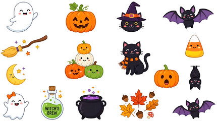Obraz premium Halloween Icons Set with Pumpkins, Bats, Ghosts, Witches, Cats, Spiders and Spooky Cartoon Symbols in Autumn Vector Illustration Style