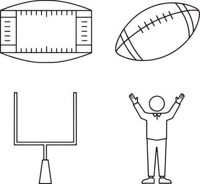 American football icons set featuring a field, ball, goal post, and referee in simple line art style