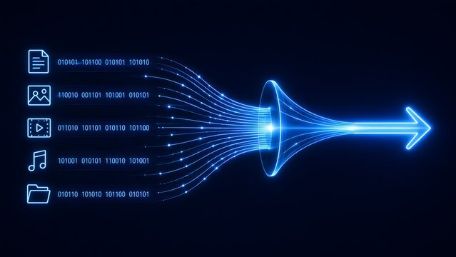 Digital funnel drawing in various file types like document image video audio and folder transforming into an arrow