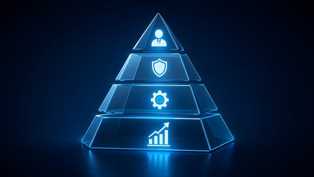 Glowing blue glass pyramid displaying business hierarchy icons for person security settings and growth chart