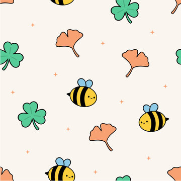 cute bee ginkgo and clover pattern