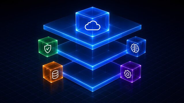 Stacked glowing glass layers featuring cloud computing database security artificial intelligence and gear icons for futuristic tech architecture concept