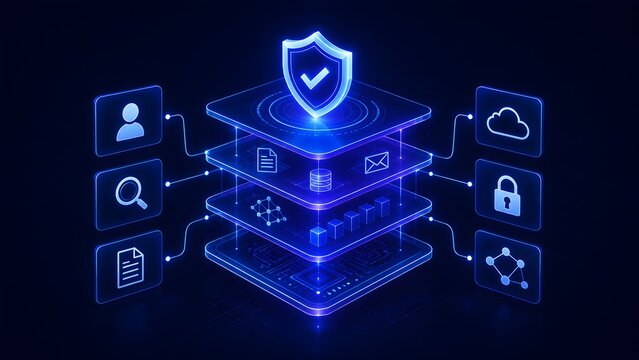 Futuristic layered data security architecture with a glowing blue shield and icons for user authentication database and network protection
