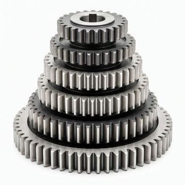 A pyramid of metal gears, showcasing industrial mechanics and engineering. 