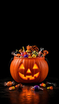 Jack-o'-lantern bucket overflowing with halloween candy and treats
