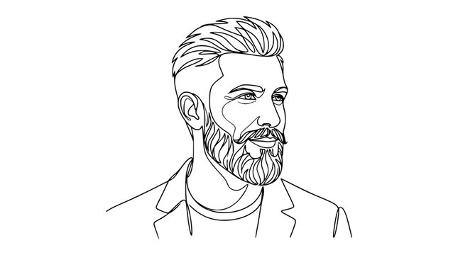 Modern Man Portrait, Single Line Art, Stylish Beard, Isolated Cutout